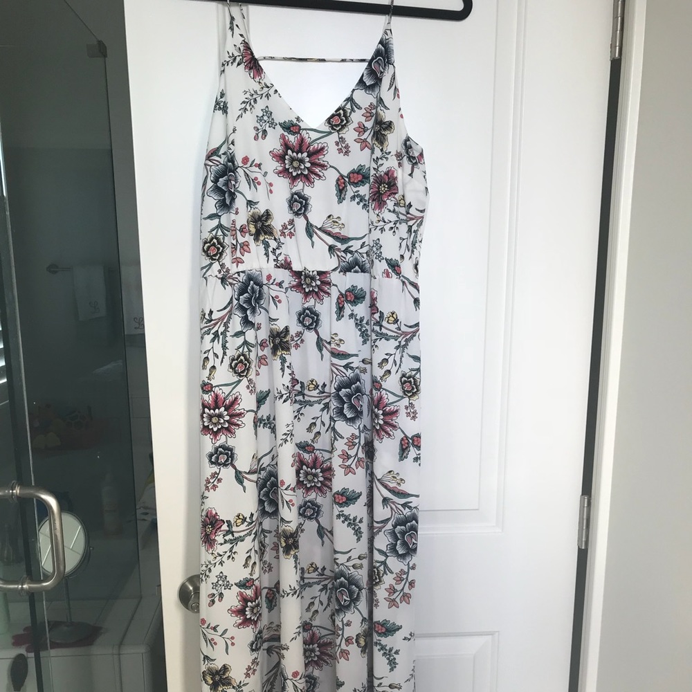 LOFT White Maxi Dress with Pink, Blue and Green Floral Print